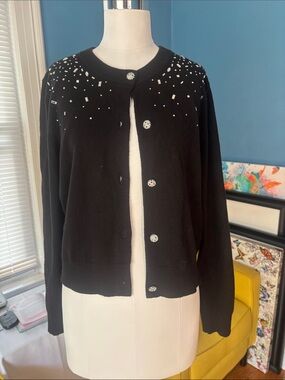 Karl Lagerfeld Black Embellished Crewneck Cardigan